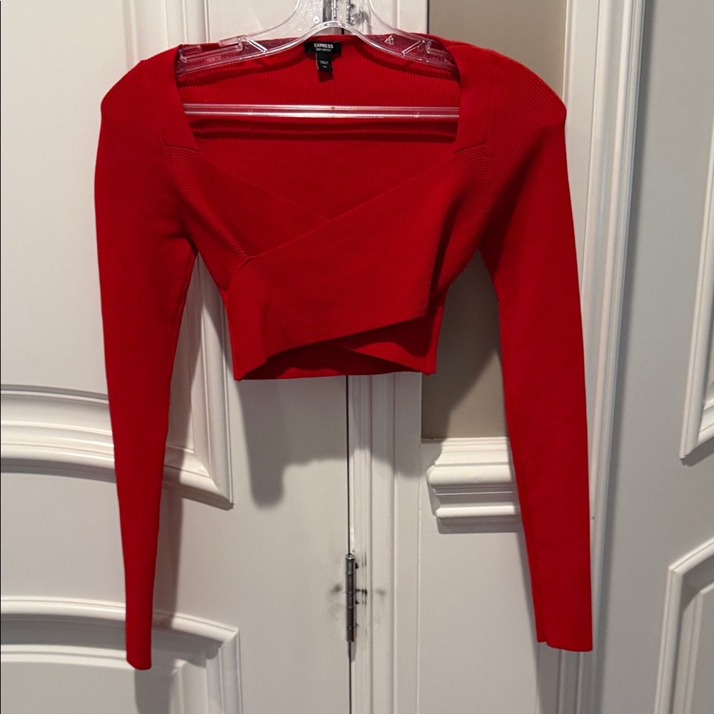Express Red Cropped Wrap Long-Sleeve Top